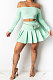 Trendy Sexy Pure Color Dew Shoulder Pleated Skirt Sets ML7426