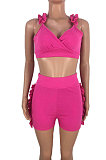 Summer Sexy Women Falbala V Neck Backless Pure Color Two-Pieces MDF5052