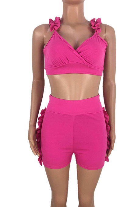 Summer Sexy Women Falbala V Neck Backless Pure Color Two-Pieces MDF5052