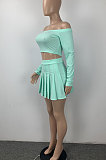 Trendy Sexy Pure Color Dew Shoulder Pleated Skirt Sets ML7426