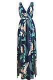Sexy Euramerican Digital Printing Open Fork Backless Deep V Long Dress K8306