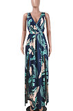 Sexy Euramerican Digital Printing Open Fork Backless Deep V Long Dress K8306