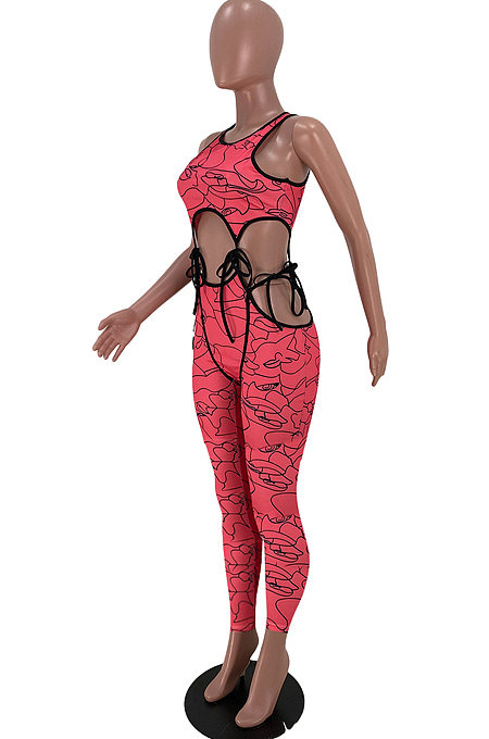 Digital Printing Sleeveless Long Pants Hollow Out Sexy Two-Piece ARM8253