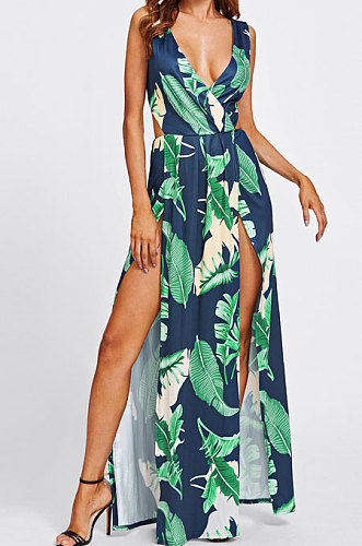 Sexy Euramerican Digital Printing Open Fork Backless Deep V Long Dress K8306