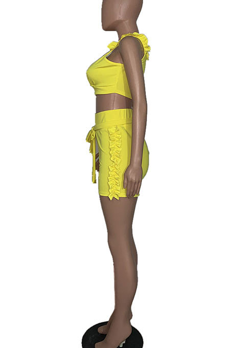 Summer Sexy Women Falbala V Neck Backless Pure Color Two-Pieces MDF5052