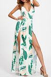Sexy Euramerican Digital Printing Open Fork Backless Deep V Long Dress K8306