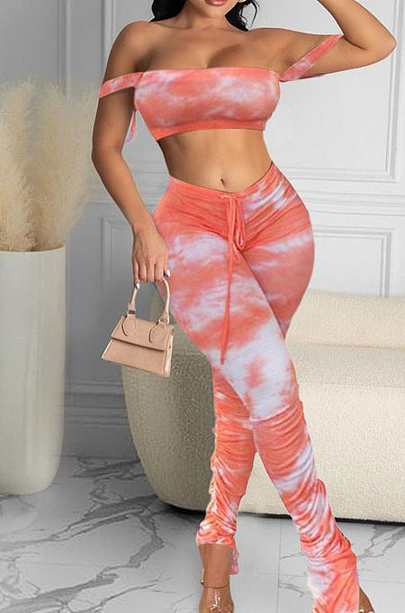 Sexy Slip Bandeau Bra Tie Dye Draw String Ruffle Long Pants Sets MA6670