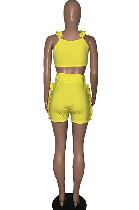 Summer Sexy Women Falbala V Neck Backless Pure Color Two-Pieces MDF5052