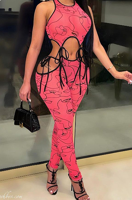 Digital Printing Sleeveless Long Pants Hollow Out Sexy Two-Piece ARM8253