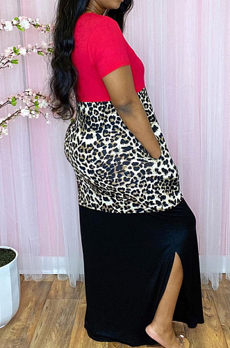 Sexy Three Color Spliced Leopard Print Head Open Fork Dresses HG097