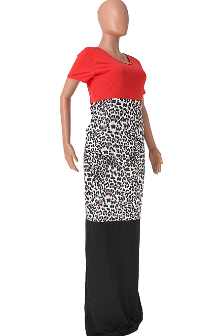 Sexy Three Color Spliced Leopard Print Head Open Fork Dresses HG097