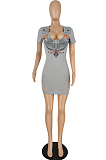 V Neck Print Hole Short Sleeve Dresses YYZ749