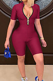 Fashion Euramerican Women Pure Color Zipper Romper Shorts WMZ2627