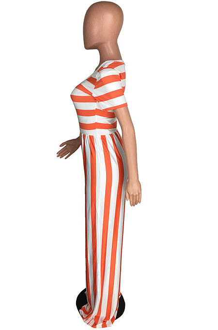 Stripe Round Neck Short Sleeve Wide Leg Jumpsuits TL6395