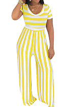 Stripe Round Neck Short Sleeve Wide Leg Jumpsuits TL6395