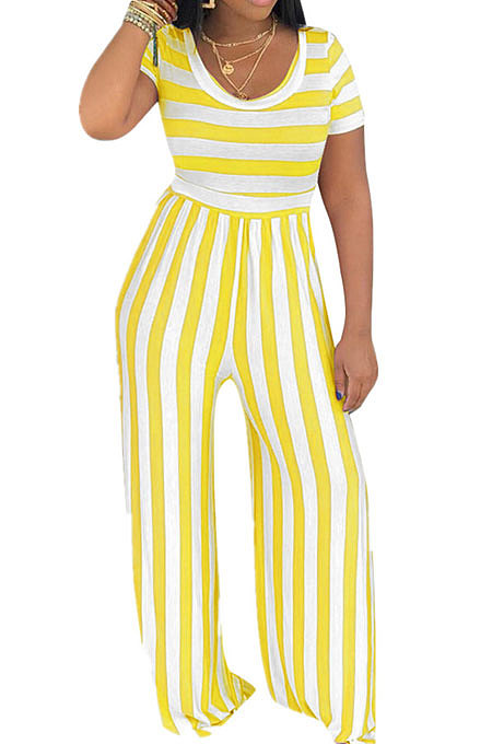 Stripe Round Neck Short Sleeve Wide Leg Jumpsuits TL6395