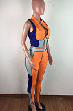 Spliced Contrast Color Sexy Cultivate One's Morality Short Sleeve Zipper Pants Sets LA3259