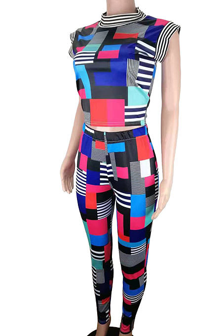 Contrast Color Spliced Short Sleeve Fashion Casual Sport Pants Sets AB6605