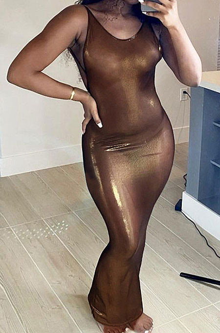 New Solid Color Backless Mesh Perspective Women Slim Dress FWB20859