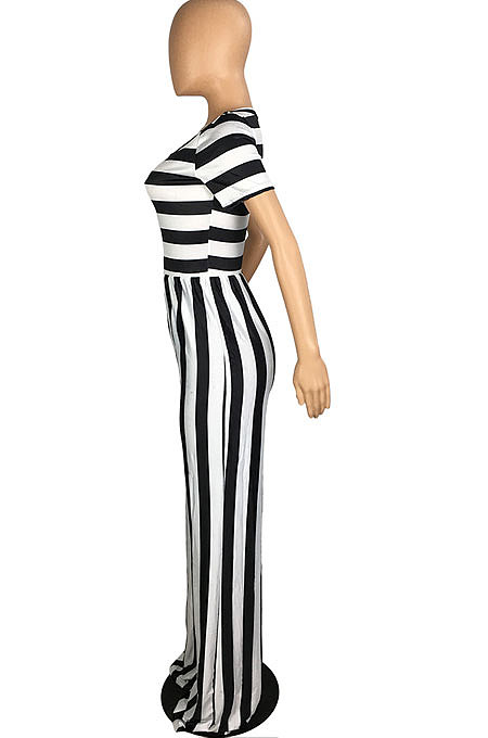 Stripe Round Neck Short Sleeve Wide Leg Jumpsuits TL6395