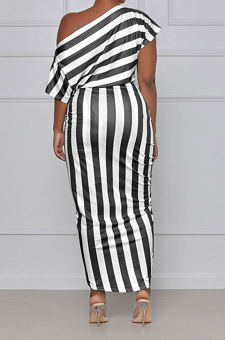 Off Shoulder Stripe Irregular Midi Dress TL6555