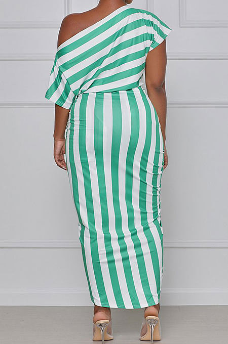 Off Shoulder Stripe Irregular Midi Dress TL6555