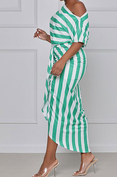 Off Shoulder Stripe Irregular Midi Dress TL6555