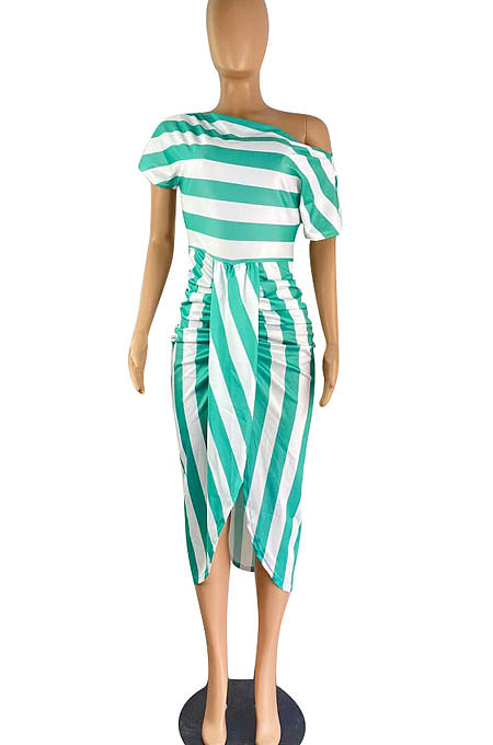 Off Shoulder Stripe Irregular Midi Dress TL6555