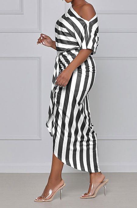 Off Shoulder Stripe Irregular Midi Dress TL6555