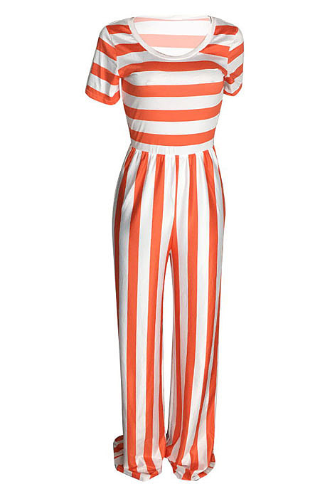 Stripe Round Neck Short Sleeve Wide Leg Jumpsuits TL6395