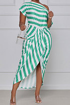 Off Shoulder Stripe Irregular Midi Dress TL6555