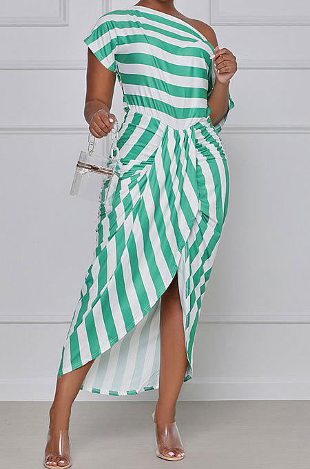 Off Shoulder Stripe Irregular Midi Dress TL6555