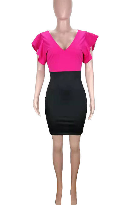 Red Black Spliced Falbala V Neck Mini Dress AB6603