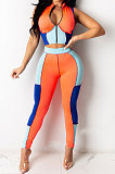Spliced Contrast Color Sexy Cultivate One's Morality Short Sleeve Zipper Pants Sets LA3259