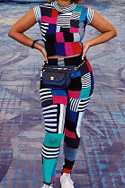 Contrast Color Spliced Short Sleeve Fashion Casual Sport Pants Sets AB6605