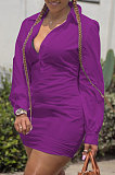 Euramerican Trendy Low Cut V Neck Pure Color Loose Shirt Mini Dress C1021