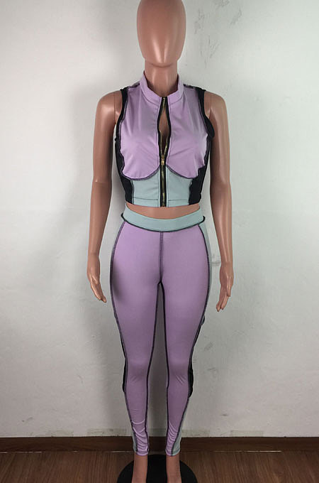 Spliced Contrast Color Sexy Cultivate One's Morality Short Sleeve Zipper Pants Sets LA3259