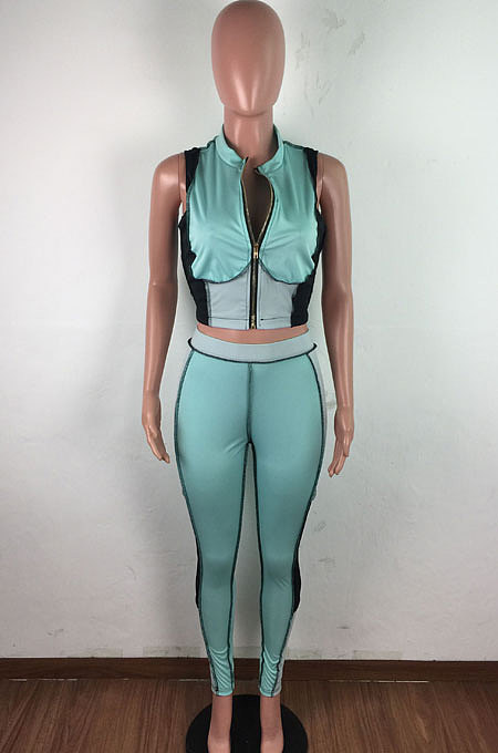 Spliced Contrast Color Sexy Cultivate One's Morality Short Sleeve Zipper Pants Sets LA3259