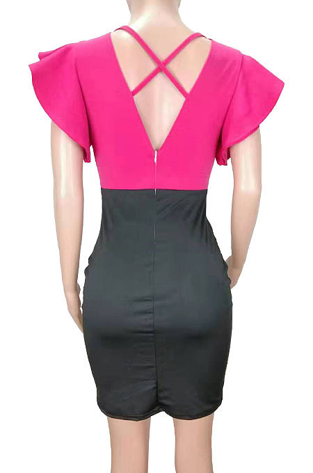 Red Black Spliced Falbala V Neck Mini Dress AB6603