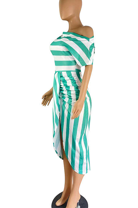 Off Shoulder Stripe Irregular Midi Dress TL6555