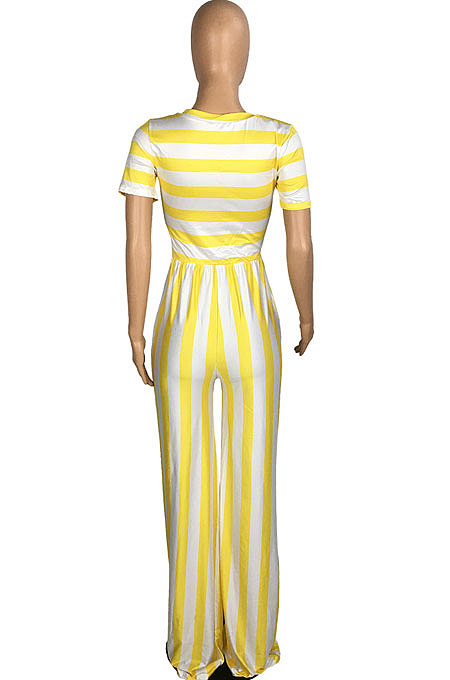 Stripe Round Neck Short Sleeve Wide Leg Jumpsuits TL6395