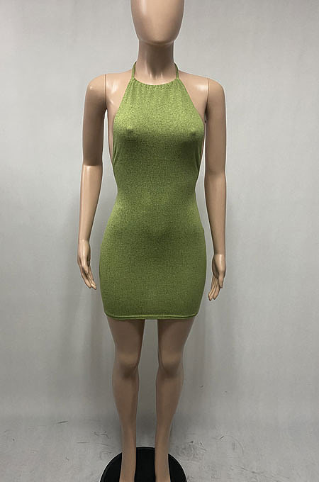 Sexy Bright Silk Backless Hollow Out Round Neck Bind Mini Dress XQ1101