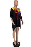 Positioning Splash-ink Print Inclined Shoulder Two-Piece LY009 