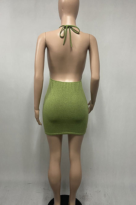 Sexy Bright Silk Backless Hollow Out Round Neck Bind Mini Dress XQ1101