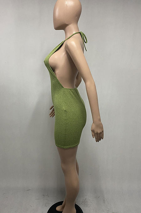Sexy Bright Silk Backless Hollow Out Round Neck Bind Mini Dress XQ1101