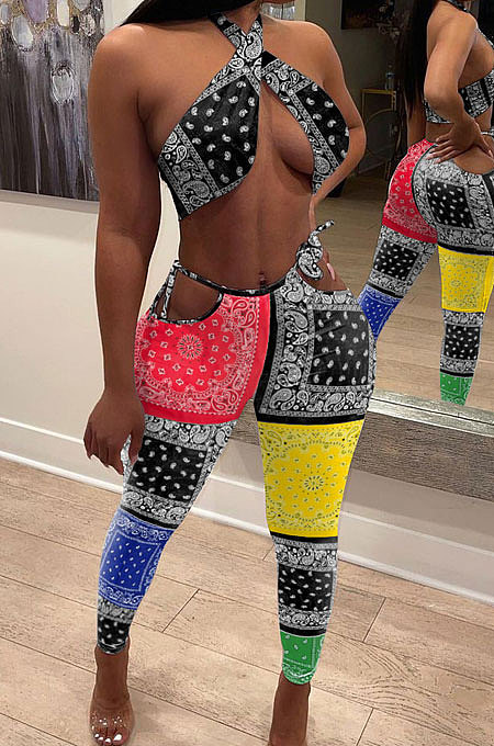 Summer Paisley Print Contrast Color Night Clud Two-Piece YYF8177