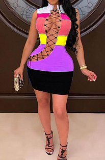 Fashion Casual Womnen Spliced Sexy Hollow Out Bind Mini Dress MDF5220