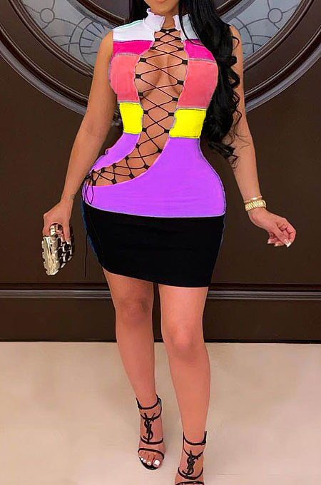 Fashion Casual Womnen Spliced Sexy Hollow Out Bind Mini Dress MDF5220