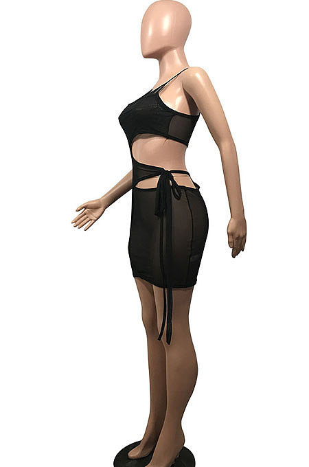 Sexy Trendy Net Yarn Perspective Knotted Strap Spring Summer Mini Dress BS1253