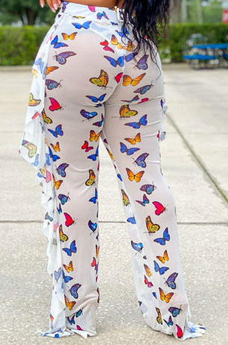 Women Net Yarn Printuing Falbala Beach Pants LD8762